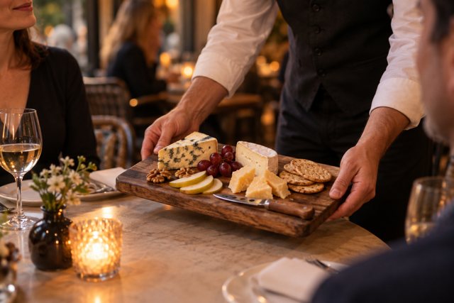 Illustration: Waiter presenting an artisan cheese board. Fictional scene; not a photograph of this business or its actual menu.