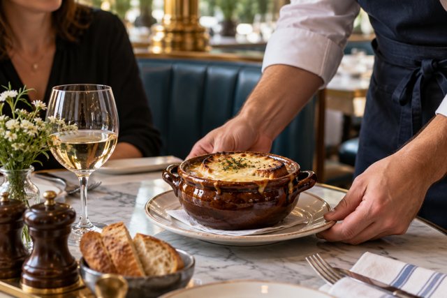 Illustration: Waiter serving French onion soup. Fictional scene; not a photograph of this business or its actual menu.