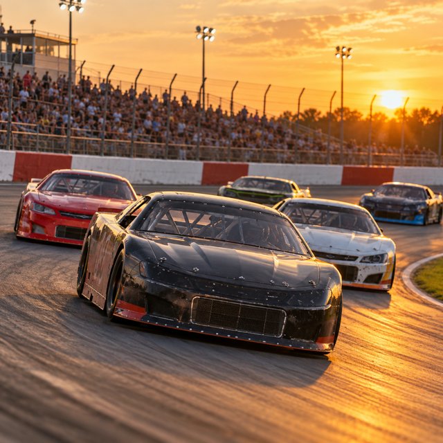 AI illustration: An energetic local paved oval short-track stock-car race at golden-hour with several unbranded race cars, grandstand spectators in the distance, professional safety barriers, no text or logos.; not this venue or its actual offering.