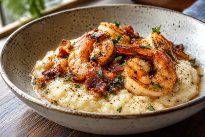 Illustration: Shrimp And Grits. Fictional scene; not a photograph of this business or its actual menu.