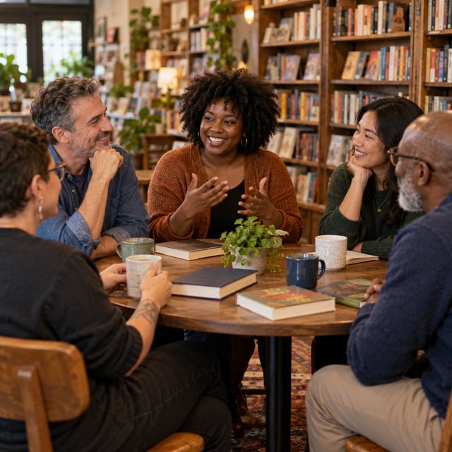 Illustration: Five diverse adults enjoying a warm thoughtful book club conversation around a small table inside a welcoming independent bookstore, a few closed books and mugs on table, shelves softly blurred, natural smiles and attentive gestures, inclusive candid scene. Fictional scene; not a photograph of this venue or event.