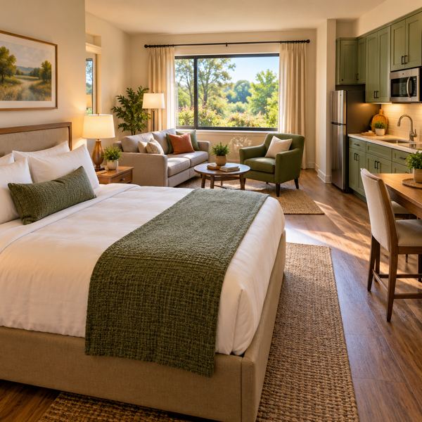 Illustration: a welcoming fictional extended-stay hotel studio with a neatly made bed, small sitting area and compact kitchenette, no branding. Generic artwork; not photography of the listed business, venue, product or event.