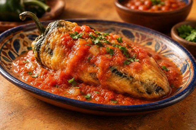 Illustration: Chiles Rellenos. Fictional scene; not a photograph of this business or its actual menu.