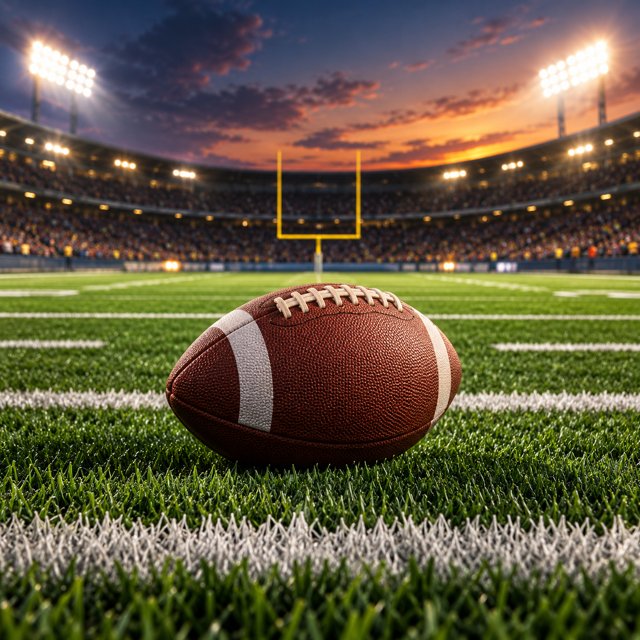 AI illustration: An American football on a green field beneath bright evening stadium lights, yard lines and a goalpost in the distance, no other sports equipment, no branding.; not this venue or its actual offering.