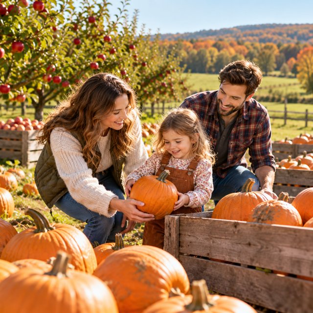 AI illustration: A cheerful autumn farm outing with orange pumpkins, an orchard in the background, rustic wooden produce crates, open pasture, natural sunlight, no signage.; not this venue or its actual offering.