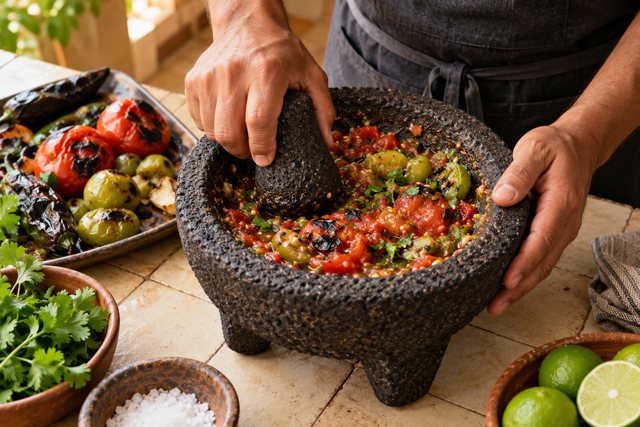 Illustration: Chef crushing roasted salsa in a molcajete. Fictional scene; not a photograph of this business or its actual menu.