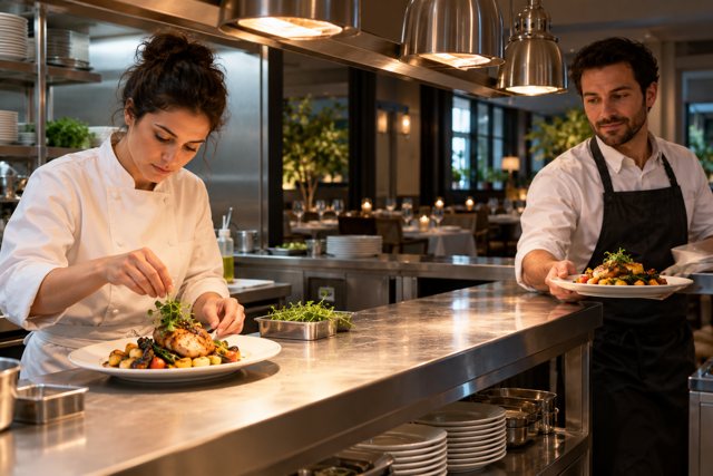Illustration: Chef and waitstaff at restaurant kitchen pass. Fictional scene; not a photograph of this business or its actual menu.