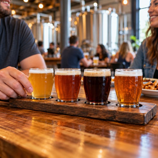 Illustration: A wooden tasting paddle holding four small glasses of craft beer in varied amber, golden and dark tones on a lively neighborhood taproom table; an adult friend's hand beside the paddle, casual candid atmosphere, stainless brewing tanks softly blurred beyond.. Fictional scene; not a photograph of this business or its actual menu.