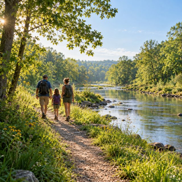 Illustration: Two adults and a school-age child walking along an inviting riverside woodland path, low riverbank, meadow grasses and deciduous trees, gentle Piedmont landscape without mountains or iconic structures, soft morning light. Fictional scene; not a photograph of this venue or event.