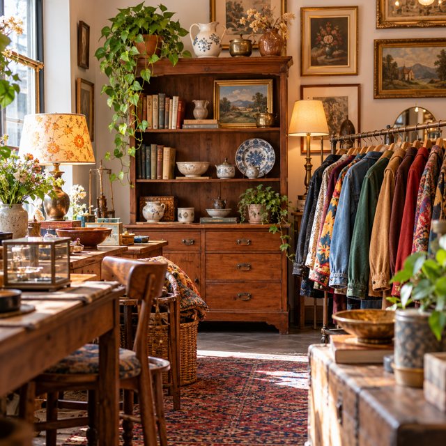 Illustration: An inviting small vintage shop with a carefully arranged wooden cabinet, retro lamp, framed art, secondhand home accessories and a rack of colorful vintage jackets, warm daylight, no visible readable labels.. Fictional scene; not a photograph of this business or its actual menu.