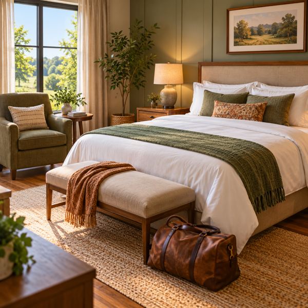 Illustration: a welcoming fictional unbranded hotel guest room with a neatly made bed, an armchair, bedside lamp and travel bag. Generic artwork; not photography of the listed business, venue, product or event.