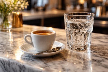 AI illustration: Espresso And Sparkling Water; not this venue or its actual offering.