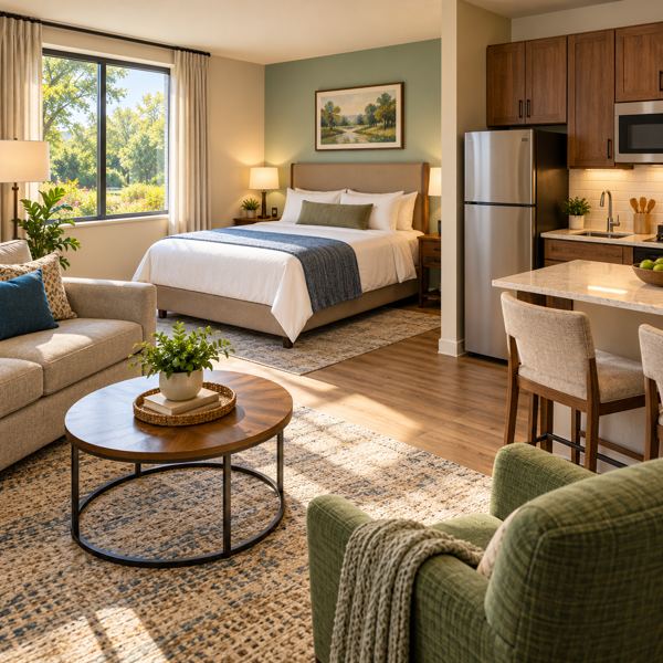 Illustration: a welcoming fictional extended-stay hotel studio with a neatly made bed, small sitting area and compact kitchenette, no branding. Generic artwork; not photography of the listed business, venue, product or event.