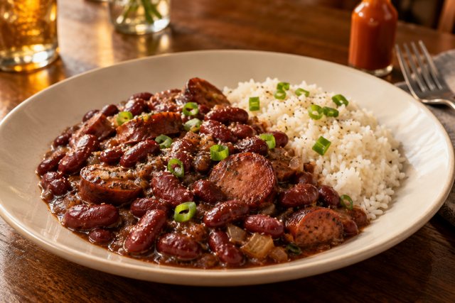 Illustration: Creole red beans and rice with andouille. Fictional scene; not a photograph of this business or its actual menu.