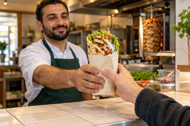 Illustration: Restaurant staff handing a wrapped kebab to a customer. Fictional scene; not a photograph of this business or its actual menu.