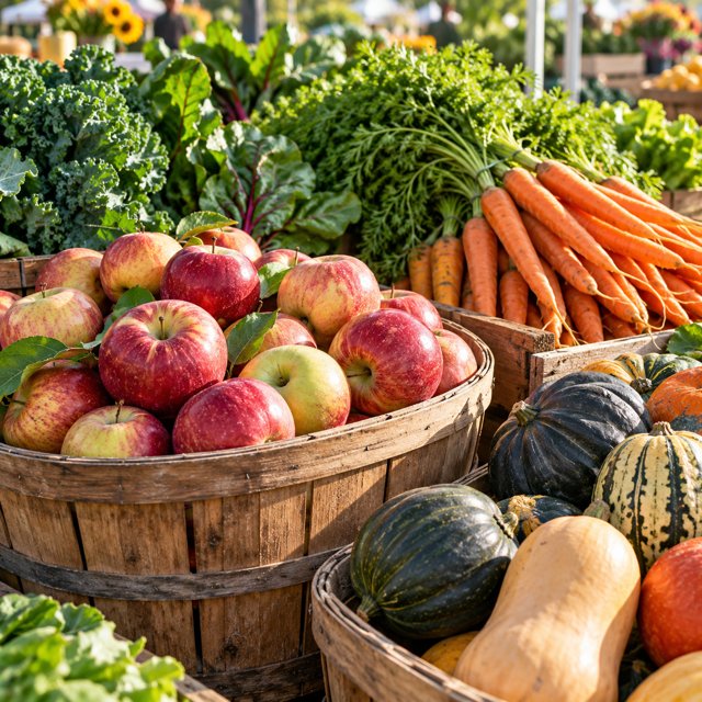 AI illustration: Close view of baskets of seasonal apples, carrots, greens and winter squash on an outdoor farmers-market stall, bright natural morning light, no signage, no plated meal.; not this venue or its actual offering.