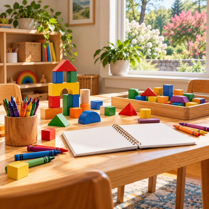 Illustration: a bright learning table with colorful unbranded building blocks, crayons and a blank activity book, no children. Fictional scene; not a photograph of this named venue or organization.