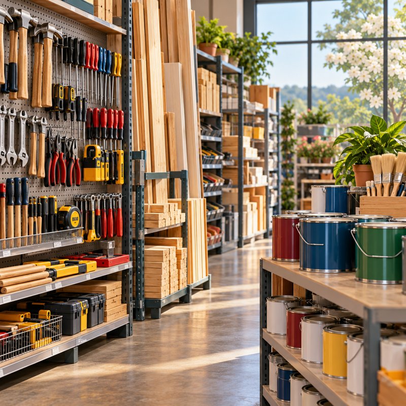 Illustration: a home improvement shop aisle with neatly arranged hand tools, lumber and paint cans, no labels or logos. Fictional category artwork; not actual venue photography.