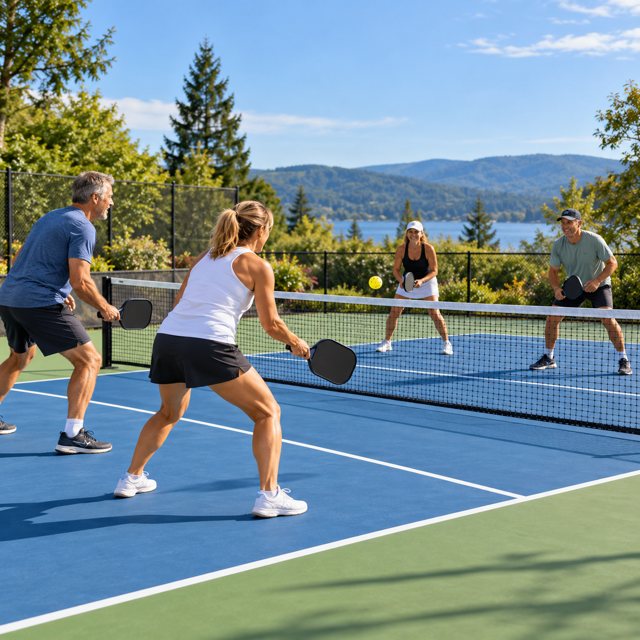 Illustration: Pickleball. Fictional scene; not a photograph of this business or event.