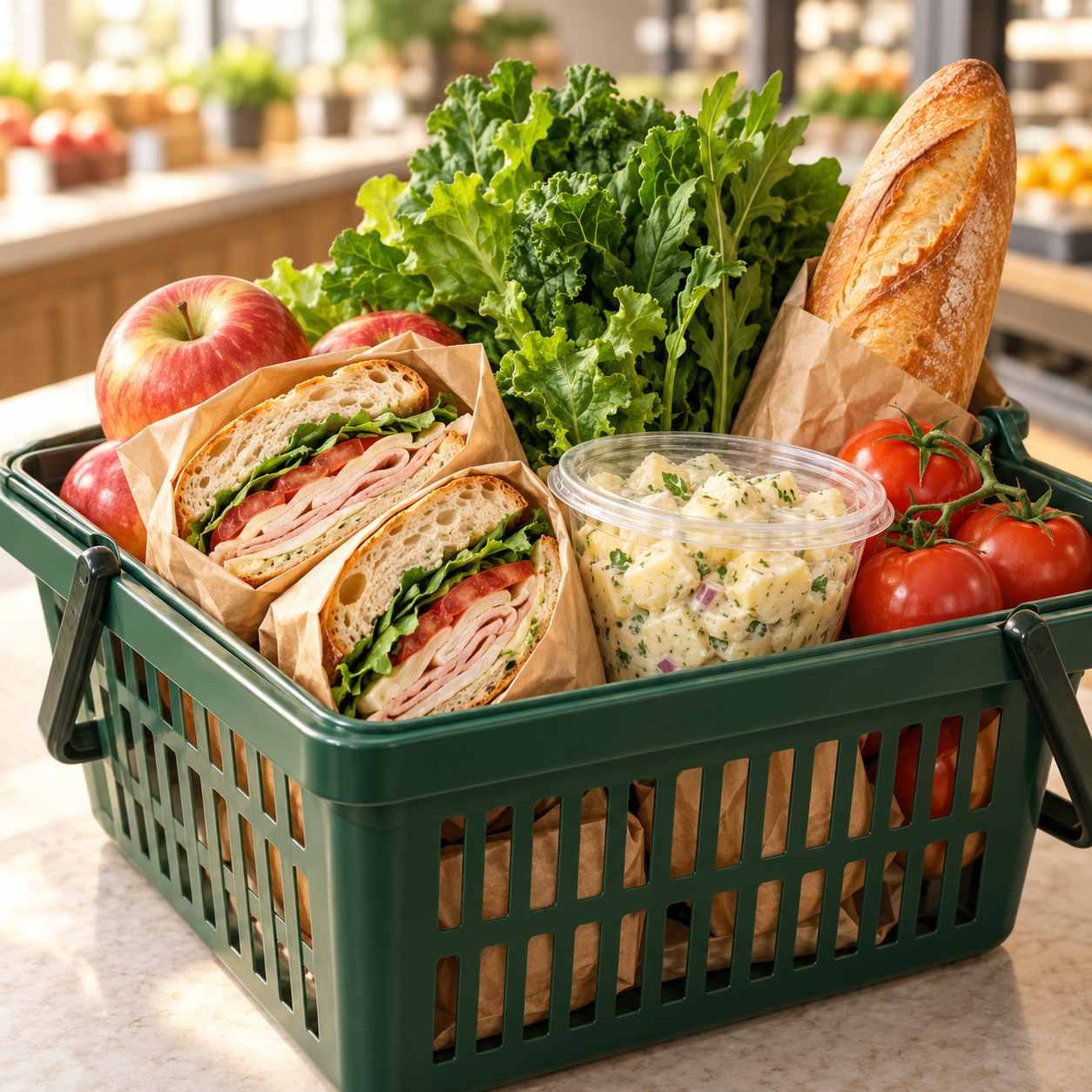 Illustration: Grocery deli provisions and fresh produce in a shopping basket Generic artwork; not venue or menu photography.