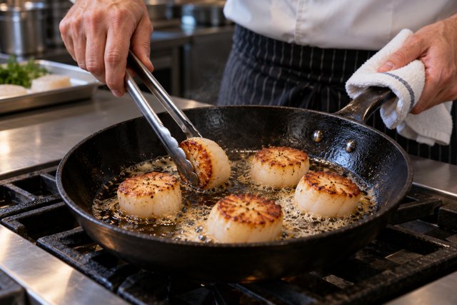 Illustration: Chef searing scallops in a skillet. Fictional scene; not a photograph of this business or its actual menu.