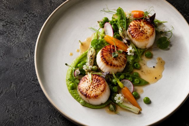 Illustration: Seared Scallops. Fictional scene; not a photograph of this business or its actual menu.