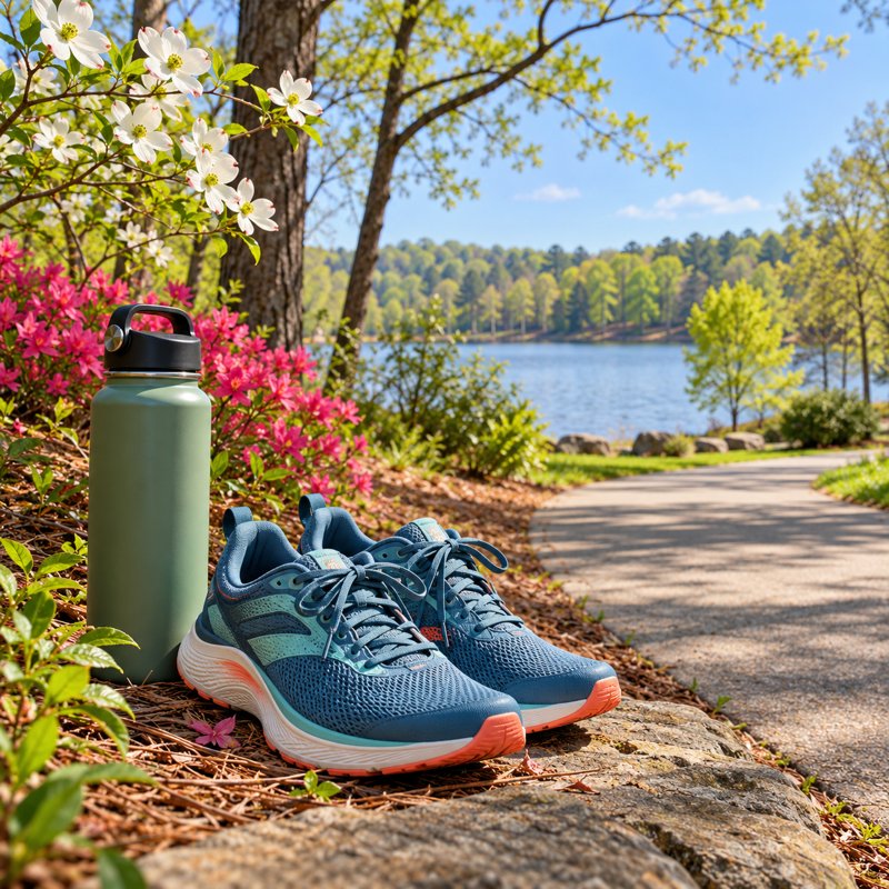 Illustration: a pair of running shoes and a water bottle beside a fictional park footpath. Generic category artwork; not a photograph of Triad Park.