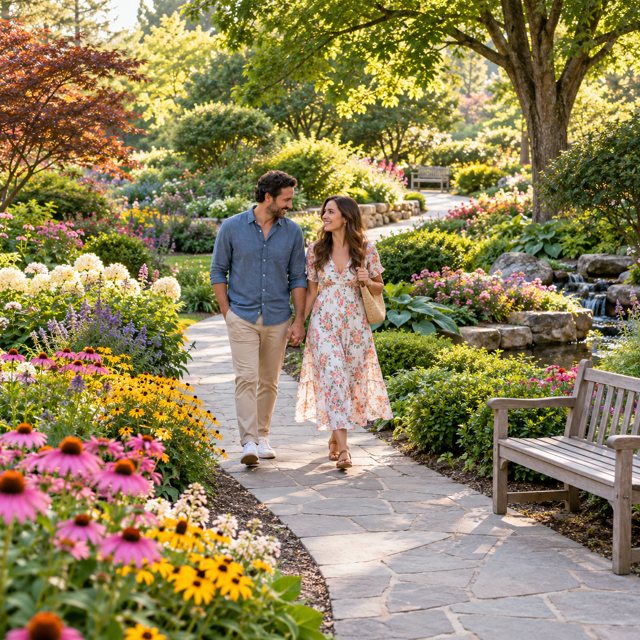 Illustration: A couple strolling along a curved garden path between colorful perennial beds, mature deciduous trees and carefully tended shrubs, natural vibrant flowers and inviting small garden benches, generic botanical setting without named landmarks.. Fictional scene; not a photograph of this business or its actual menu.