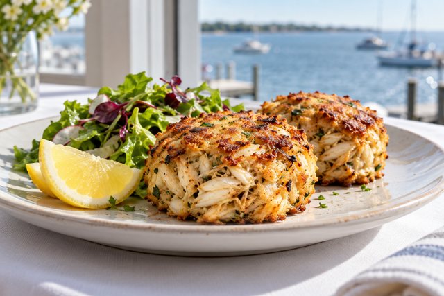 Illustration: Maryland Crab Cakes. Fictional scene; not a photograph of this business or its actual menu.