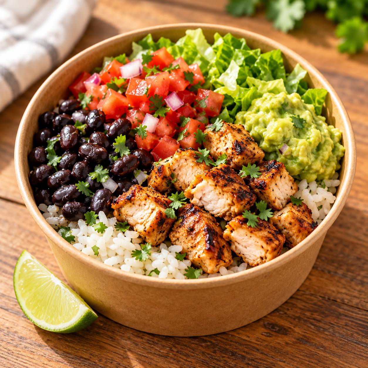 Illustration: Unbranded rice bowl with grilled chicken, black beans, salsa and avocado Generic artwork; not venue or menu photography.