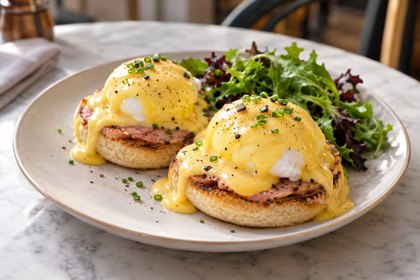 Illustration: Eggs Benedict. Fictional scene; not a photograph of this business or its actual menu.