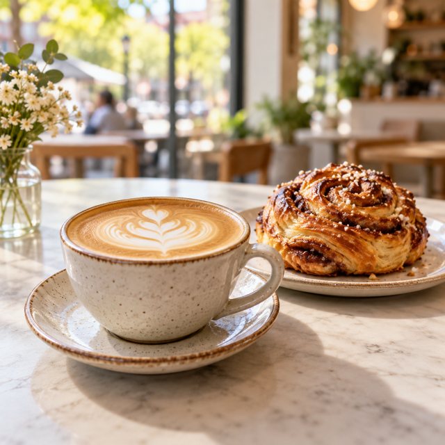 Illustration: A small ceramic flat white coffee with delicate latte art beside a flaky cinnamon pastry on a pale café tabletop, cheerful neighborhood coffee-shop window softly blurred behind.. Fictional scene; not a photograph of this business or its actual menu.