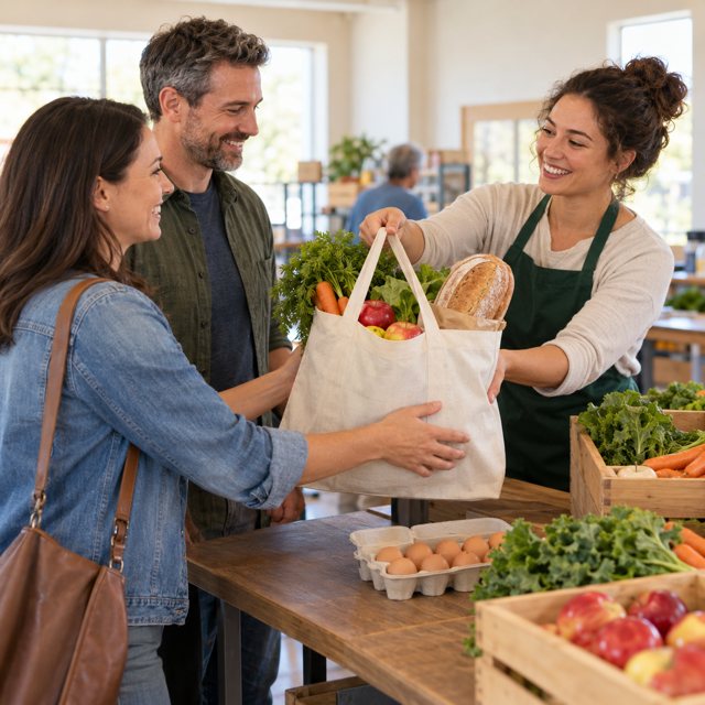 Illustration: Two adults collecting a plain reusable bag of fresh vegetables, apples, eggs in an unmarked carton and a loaf of bread from a small local-food pickup table, friendly volunteer handing over the bag, bright community room, generic food hub.. Fictional scene; not a photograph of this business or its actual menu.