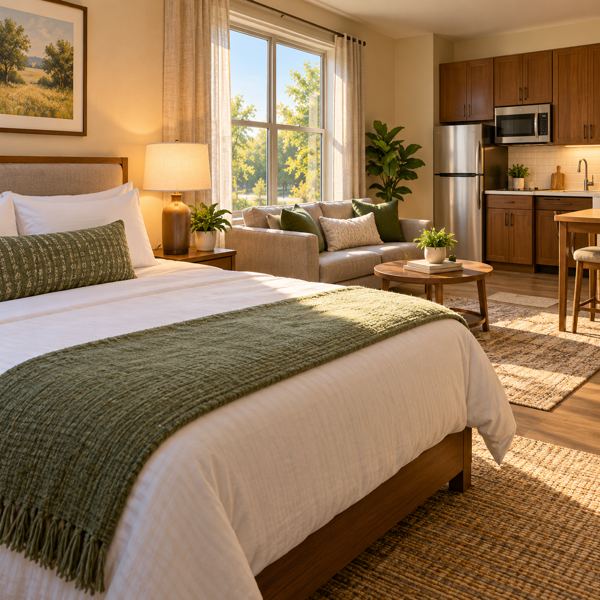 Illustration: a welcoming fictional extended-stay hotel studio with a neatly made bed, small sitting area and compact kitchenette, no branding. Generic artwork; not photography of the listed business, venue, product or event.