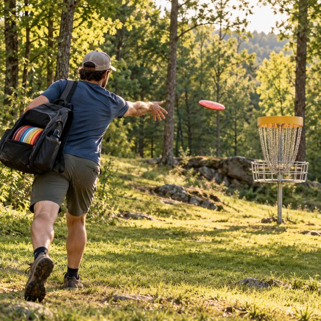 Illustration: An adult disc-golf player completing a gentle throw toward a metal chain basket on a grassy wooded fairway, a colorful disc in flight, bag on shoulder, warm dappled light and clear realistic basket construction. Fictional scene; not a photograph of this venue or event.