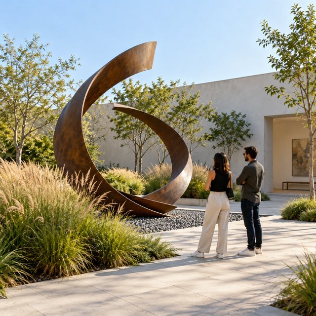Illustration: A contemporary sculpture courtyard with an original abstract curved metal sculpture, ornamental grasses, clean paving and two adult visitors, simple gallery wall in background, bright soft daylight, no identifiable real museum architecture or famous artwork. Fictional scene; not a photograph of this venue or event.