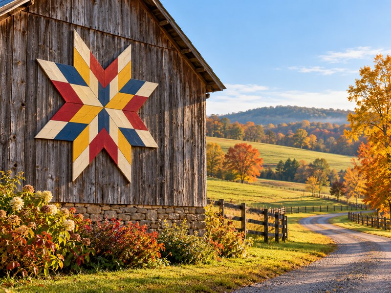 Illustration: A colorful geometric barn quilt square mounted on a weathered wooden barn beside a quiet Piedmont country lane.. Fictional scene; not a photograph of this named venue or organization.