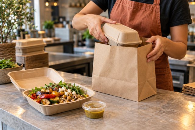 Illustration: Restaurant staff packing a takeaway lunch. Fictional scene; not a photograph of this business or its actual menu.