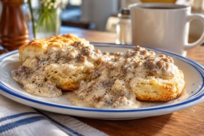 AI illustration: Biscuits And Gravy; not this venue or its actual offering.
