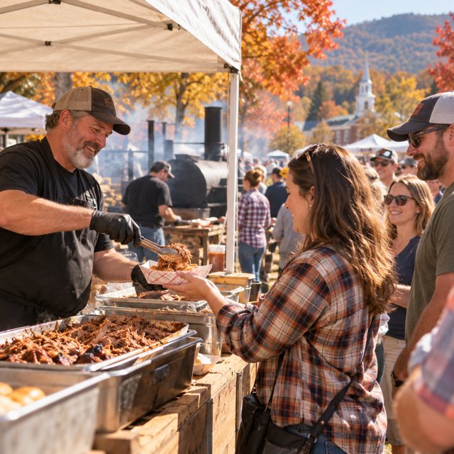 Illustration: A friendly outdoor small-town North Carolina barbecue food festival, adults queuing at an unbranded food tent, a cook serving chopped pork into a paper tray, oak-smoke haze in the distance, natural October daylight and autumn trees.. Fictional scene; not a photograph of this business or its actual menu.