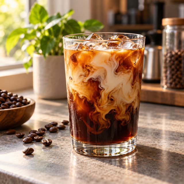 Illustration: An appetizing clear unbranded glass of iced coffee with a small swirl of milk, a plain coffee-shop counter with coffee beans and a plant softly behind, warm natural window light.. Fictional scene; not a photograph of this business or its actual menu.