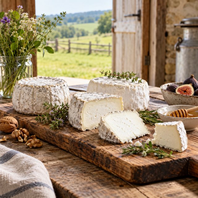 Illustration: A rustic farm creamery tasting board with small wheels and wedges of fresh goat cheese, a farmhouse table, green pasture softly visible through a doorway, no people or identifiable farm.. Fictional scene; not a photograph of this business or its actual menu.