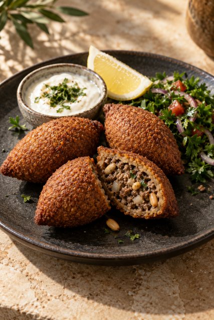 Illustration: Lebanese kibbeh with yogurt and mint. Fictional scene; not a photograph of this business or its actual menu.