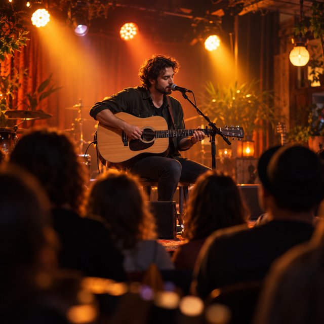 AI illustration: A small indoor live music performance with a guitar player and audience silhouettes, warm stage lights, intimate local concert venue atmosphere, no recognizable artist, no text.; not this venue or its actual offering.