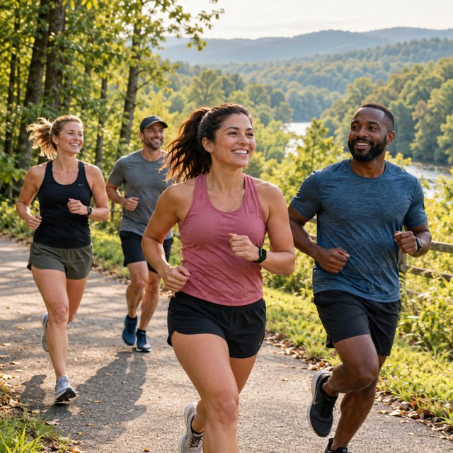 AI illustration: A small group of adult recreational runners on a leafy greenway through gently rolling North Carolina Piedmont parkland, candid natural light, no race numbers or text.; not this venue or its actual offering.