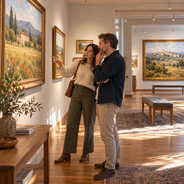 Illustration: A tranquil gallery interior with original fictional landscape paintings of rural fields and small country homes in wooden frames, two adult visitors discussing a painting, tasteful warm natural light and simple furniture, no famous recognizable works. Fictional scene; not a photograph of this venue or event.