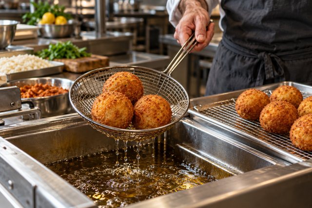 Illustration: Chef frying Sicilian arancini. Fictional scene; not a photograph of this business or its actual menu.