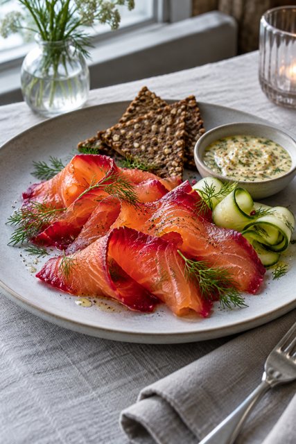 Illustration: Beet cured gravlax with rye crisps. Fictional scene; not a photograph of this business or its actual menu.