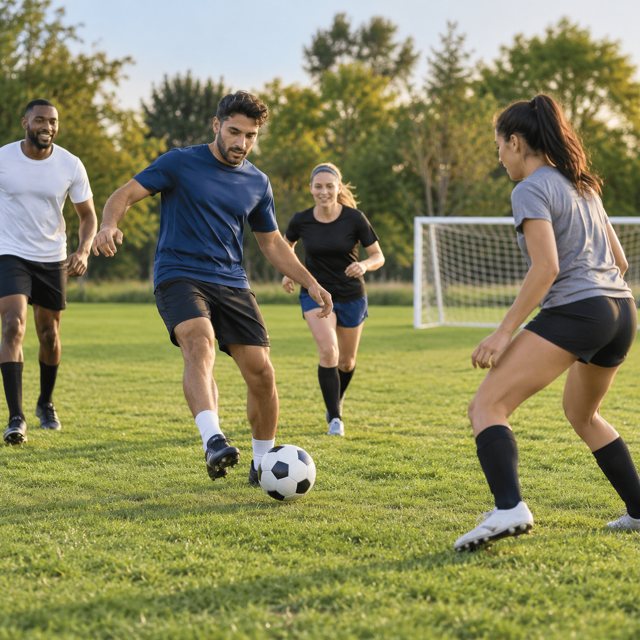 Illustration: Four adult recreational soccer players in plain training shirts enjoying a casual match on a green community field, one passing the ball, small goal in background, natural diverse participants, no professional stadium. Fictional scene; not a photograph of this venue or event.