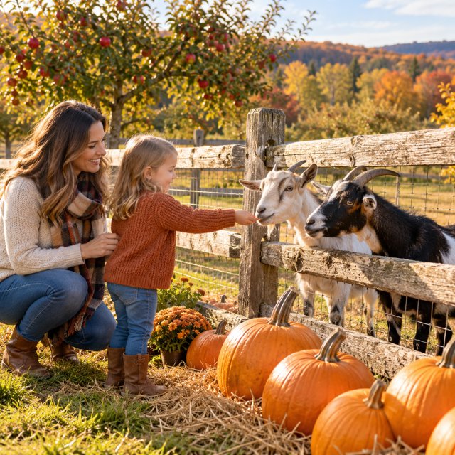 Illustration: A cheerful autumn farm outing with pumpkins beside a split rail fence and two friendly goats behind it, an adult and child at a respectful distance, apple trees in background, warm afternoon, natural realistic countryside. Fictional scene; not a photograph of this venue or event.